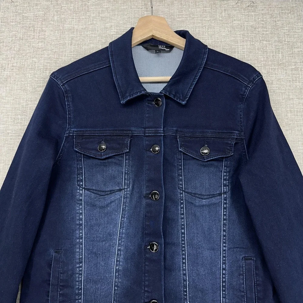 1822 Denim Jacket Womens Large Blue Stretch Denim Button Front Basic Long Sleeve - Picture 2 of 12